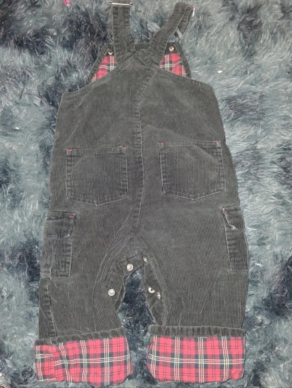 Old Navy Black Corduroy Overalls with Red Plaid Lining